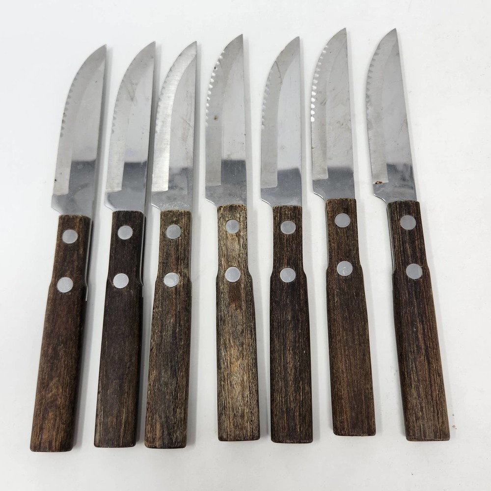 Supreme Cutlery Special Stainless Steak Knife Set of 7 Wood Handle Vintage Japan